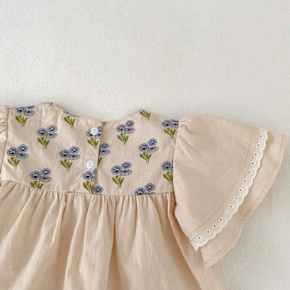 -☺︎ ベビーセットアップ 2点セット フライングスリーブチュニックブラウス+フリルブルマパンツ ベージュ - mamahalo shop - 半袖セットアップ -  べビー服 - 子供服 - 男の子 - 女の子