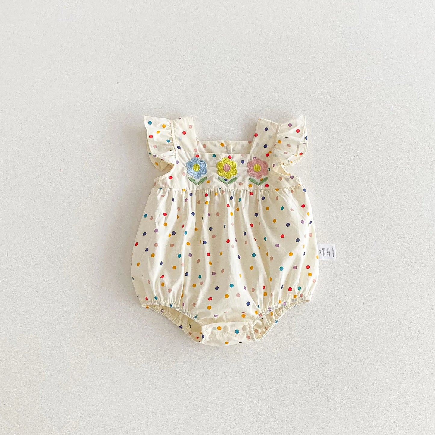 -ベビーロンパース ショルダーフリルボディスーツ カラフル 水玉ドットプリント フラワー花柄刺繍 - mamahalo shop - 半袖ロンパース -  べビー服 - 子供服 - 男の子 - 女の子