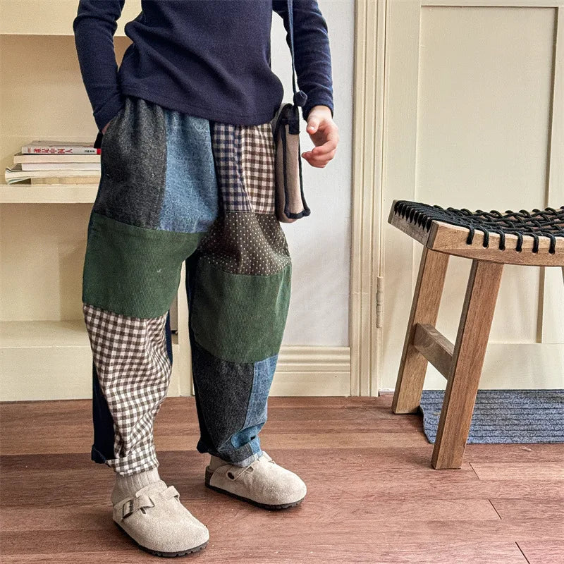 -キッズパンツ 水玉ドットレトロパッチワークルーズワイドデニムパンツ ジーンズジーパン - mamahalo shop - デニムパンツ -  べビー服 - 子供服 - 男の子 - 女の子