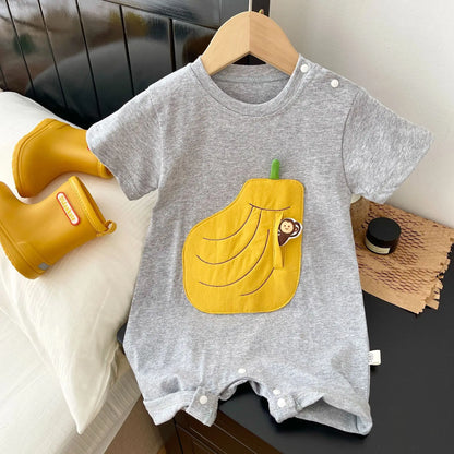 -ベビーロンパース 半袖ジャンプスーツ バナナ りんご パッチワークアップリケ 2カラー【mh0005452】 - mamahalo shop - 半袖ロンパース -  べビー服 - 子供服 - 男の子 - 女の子