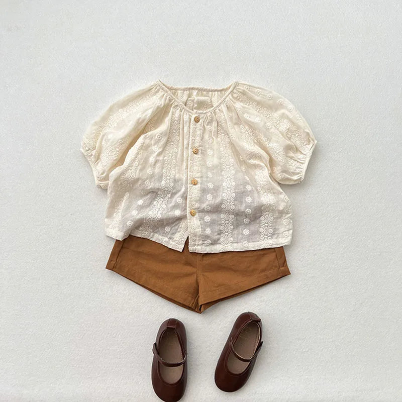 -キッズトップス 半袖ブラウス フラワーレース刺繍 ベージュ - mamahalo shop - 半袖シャツ・ブラウス -  べビー服 - 子供服 - 男の子 - 女の子