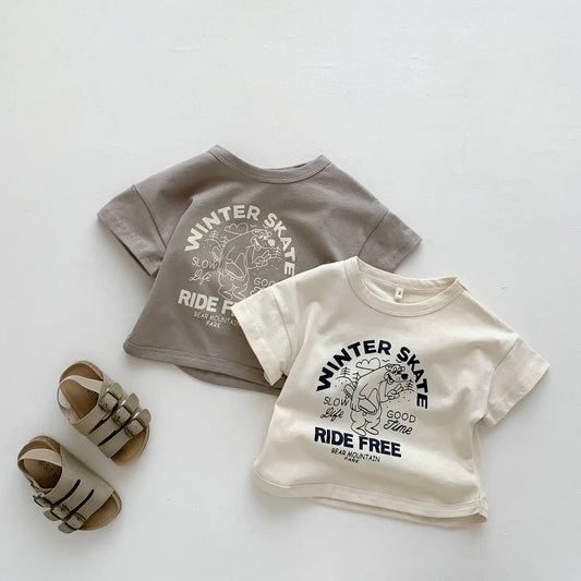 -キッズトップス 半袖プリントTシャツ ベアくまスケート 2カラー【mh0005187】 - mamahalo shop - 半袖Tシャツ -  べビー服 - 子供服 - 男の子 - 女の子
