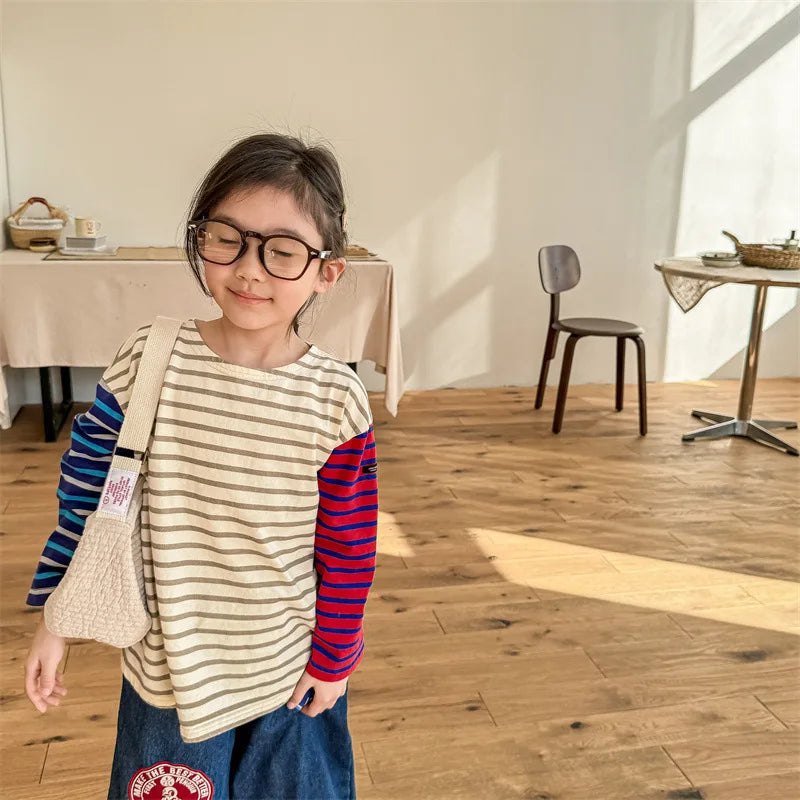 -キッズトップス ボーダーカラフルパッチワーク長袖Tシャツ 2カラー - mamahalo shop - 長袖Tシャツ -  べビー服 - 子供服 - 男の子 - 女の子