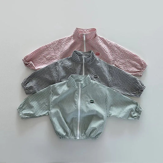 -キッズセットアップ 2点セット チェック ジッパージャケット+ショートパンツ ウィンドブレーカー 日除け ワンポイント 3カラー - mamahalo shop - 長袖セットアップ -  べビー服 - 子供服 - 男の子 - 女の子