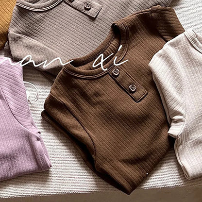 -キッズパジャマセット リブ 長袖ヘンリーネックTシャツ+ロングパンツ シンプルベーシック 5カラー【mh0006360】 - mamahalo shop - 長袖パジャマ -  べビー服 - 子供服 - 男の子 - 女の子