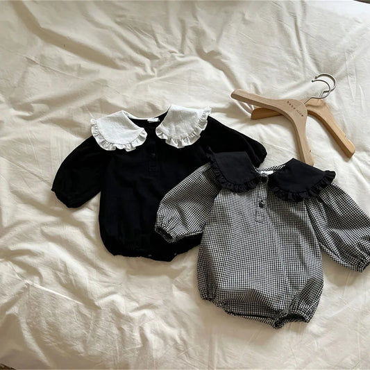 -ベビーロンパース フリルビッグ襟 長袖ボディスーツ ブラック/チェック【mh0004224】 - mamahalo shop - 長袖ロンパース -  べビー服 - 子供服 - 男の子 - 女の子