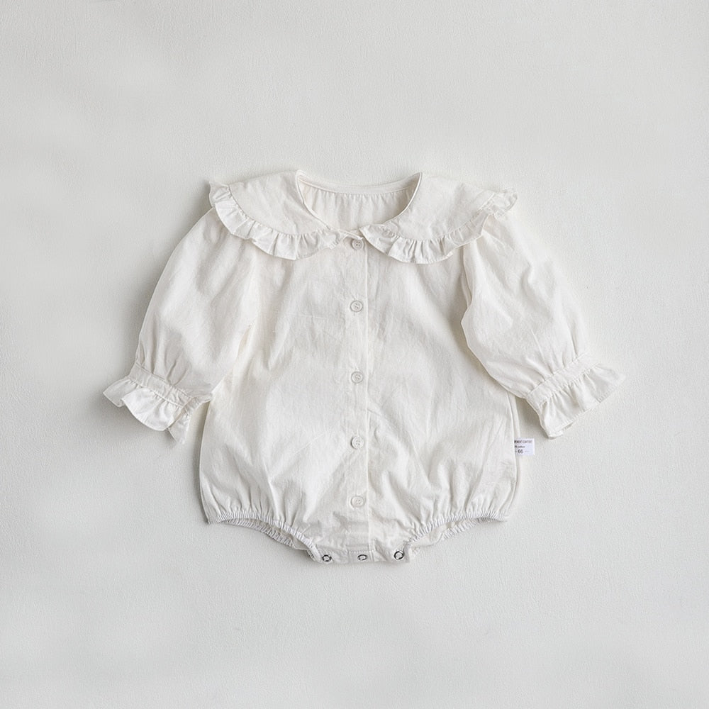 -ベビー フリルカラー  長袖 ブラウス ロンパース ホワイト ブルーガールズ - mamahalo shop - 長袖ロンパース -  べビー服 - 子供服 - 男の子 - 女の子