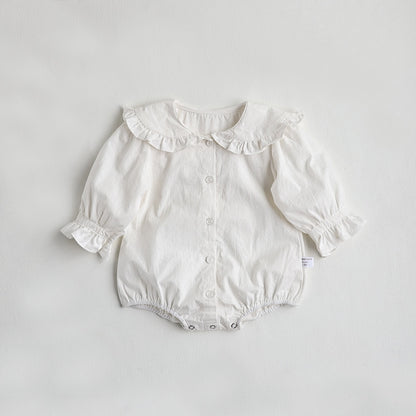 -ベビー フリルカラー  長袖 ブラウス ロンパース ホワイト ブルーガールズ - mamahalo shop - 長袖ロンパース -  べビー服 - 子供服 - 男の子 - 女の子