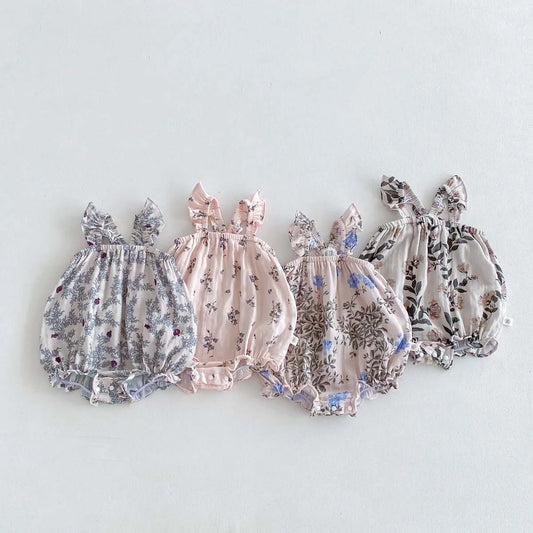 -ベビーロンパース フリルサスペンダーボディスーツ フラワー花柄プリント【mh0006193】 - mamahalo shop - ノースリーブロンパース -  べビー服 - 子供服 - 男の子 - 女の子
