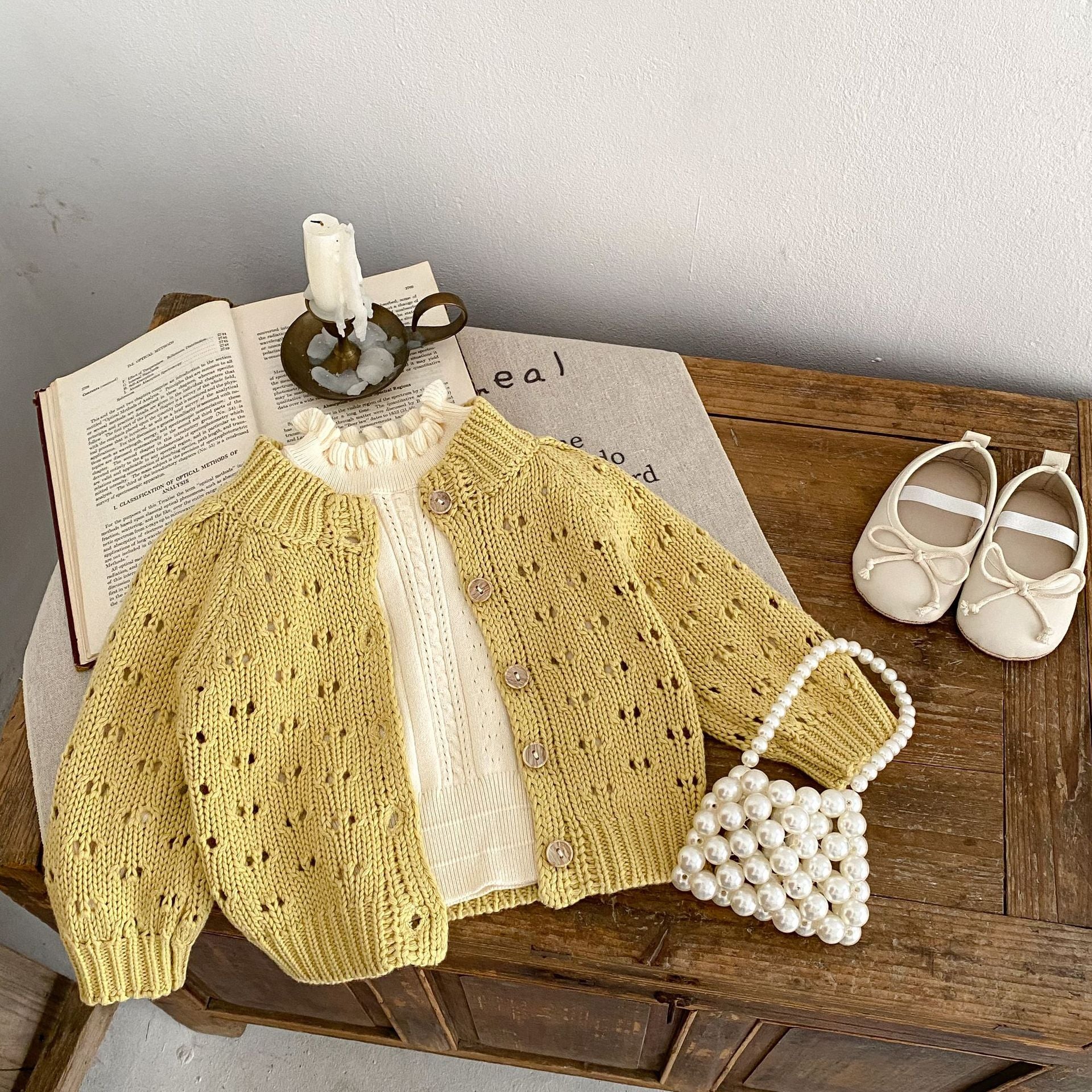 -ベビー カーディガン 長袖 レースニット ルーズ イエローグリーン アプリコット 2カラー ガールズ 女の子 子供服 - mamahalo shop - カーディガン・パーカー -  べビー服 - 子供服 - 男の子 - 女の子