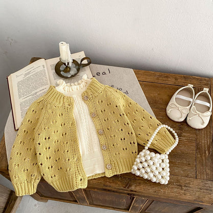-ベビー カーディガン 長袖 レースニット ルーズ イエローグリーン アプリコット 2カラー ガールズ 女の子 子供服 - mamahalo shop - カーディガン・パーカー -  べビー服 - 子供服 - 男の子 - 女の子