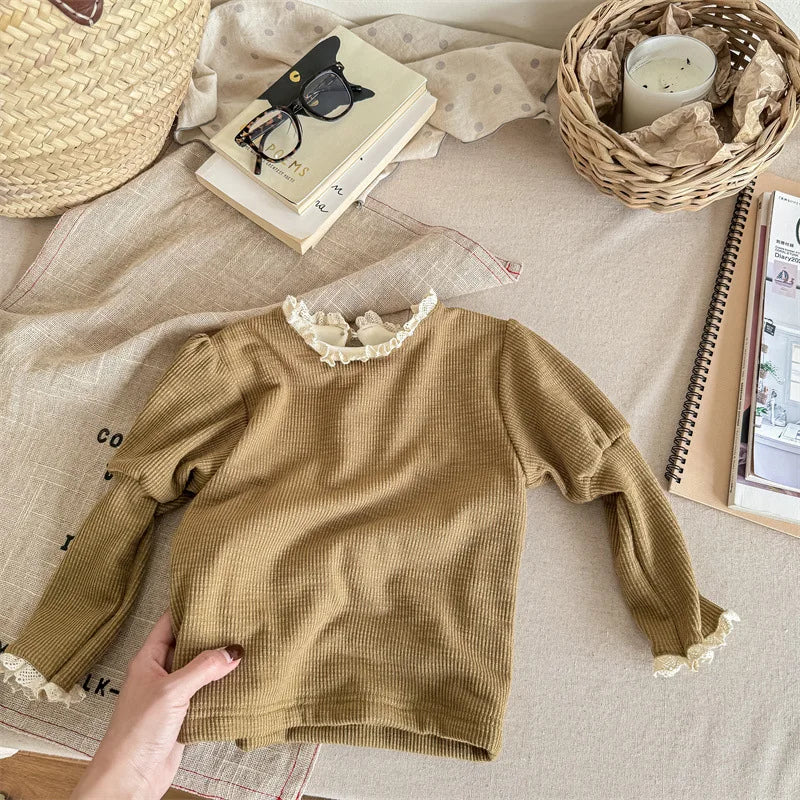 -キッズカットソー ニットTシャツ レースフリル 長袖パフスリーブ 裏フリース 2カラー ガールズ 女の子 子供服 - mamahalo shop - 長袖Tシャツ -  べビー服 - 子供服 - 男の子 - 女の子