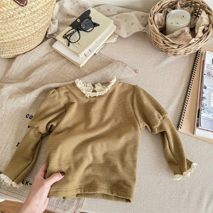 -キッズカットソー ニットTシャツ レースフリル 長袖パフスリーブ 裏フリース 2カラー ガールズ 女の子 子供服 - mamahalo shop - 長袖Tシャツ -  べビー服 - 子供服 - 男の子 - 女の子