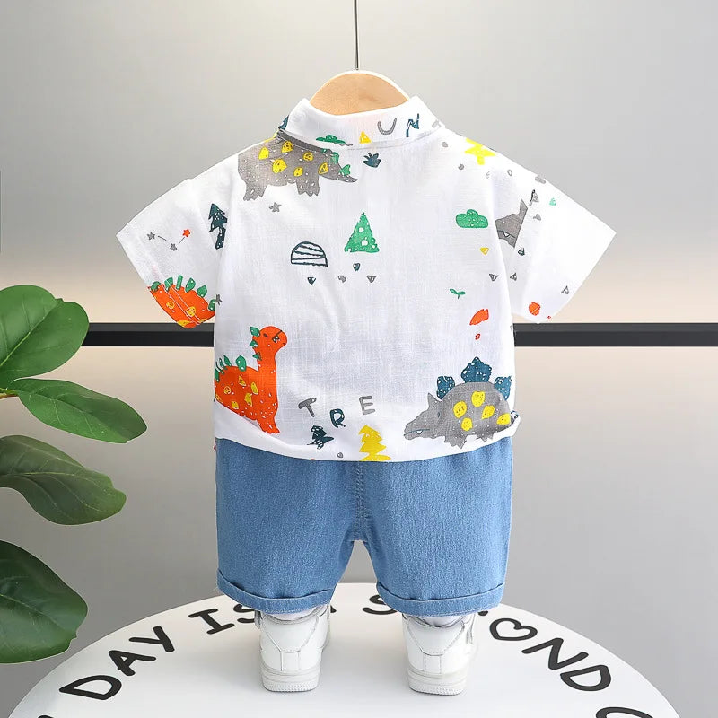 -キッズセットアップ 2点セット 半袖シャツ+デニムショートパンツ 恐竜ダイナソープリント 2カラー【mh0006520】 - mamahalo shop - 半袖セットアップ -  べビー服 - 子供服 - 男の子 - 女の子