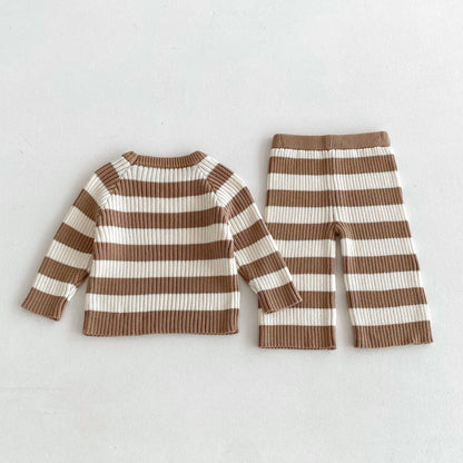 -キッズトップス/パンツ ボーダーリブニット長袖Tシャツ/ルーズワイドニットパンツ - mamahalo shop - 長袖セットアップ -  べビー服 - 子供服 - 男の子 - 女の子