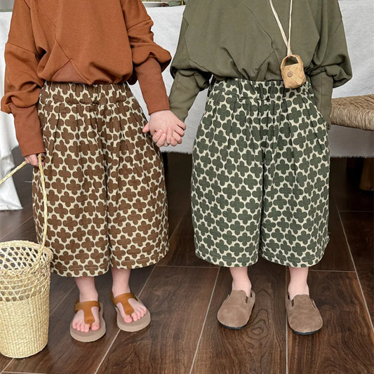 -キッズパンツ ワイドルーズ クロップドパンツ レトロ北欧風フラワープリント 2カラー - mamahalo shop - ロングパンツ・スウェットパンツ -  べビー服 - 子供服 - 男の子 - 女の子