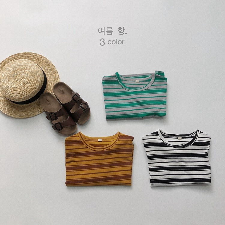 -キッズ レトロ ボーダー 半袖 Tシャツ トップス イエロー ブラック グリーン ボーイズ - mamahalo shop - 半袖Tシャツ -  べビー服 - 子供服 - 男の子 - 女の子