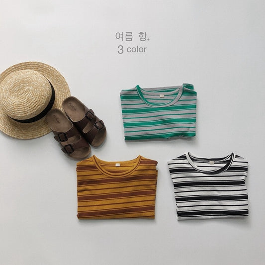 -キッズ レトロ ボーダー 半袖 Tシャツ トップス イエロー ブラック グリーン ボーイズ - mamahalo shop - 半袖Tシャツ -  べビー服 - 子供服 - 男の子 - 女の子