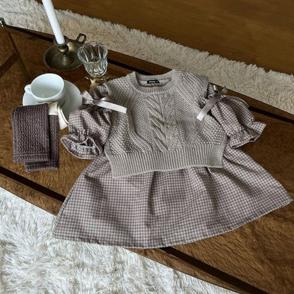 -ベビー 長袖ワンピース チェック リボン ドレス ガールズ 女の子 子供服【mh0002881】 - mamahalo shop - 長袖ワンピース -  べビー服 - 子供服 - 男の子 - 女の子