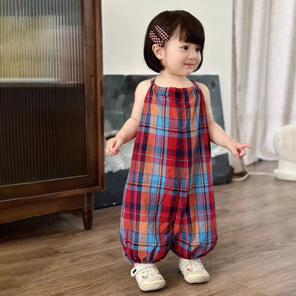 -キッズジャンプスーツ キャミソールサロペット オーバーオール チェック レッド【mh0005875】 - mamahalo shop - ノースリーブジャンプスーツ -  べビー服 - 子供服 - 男の子 - 女の子