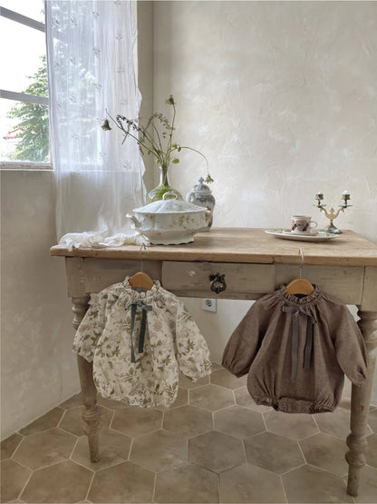 -ベビーロンパース 長袖スタンドフリルカラーボディスーツ リボン リーフボタニカルプリント/無地 - mamahalo shop - 長袖ロンパース -  べビー服 - 子供服 - 男の子 - 女の子