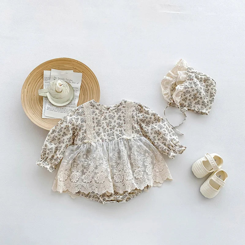 -ベビーロンパース ボンネットセット 長袖レーススカートドッキングボディスーツ 帽子セット フラワー花柄プリント【mh0006502】 - mamahalo shop - 長袖ロンパース -  べビー服 - 子供服 - 男の子 - 女の子