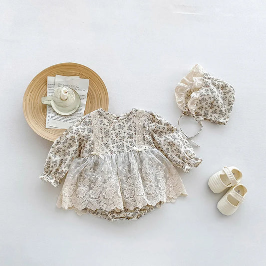 -ベビーロンパース ボンネットセット 長袖レーススカートドッキングボディスーツ 帽子セット フラワー花柄プリント【mh0006502】 - mamahalo shop - 長袖ロンパース -  べビー服 - 子供服 - 男の子 - 女の子