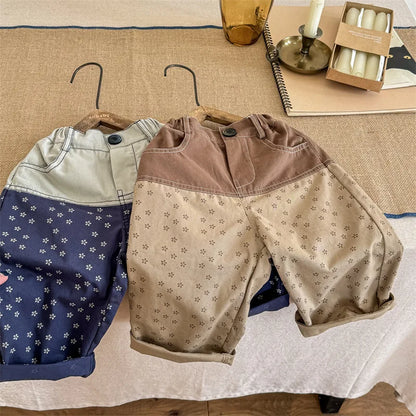 -キッズパンツ 切り替えパッチワーク ルーズワイドロングパンツ フラワー花柄プリント 2カラー - mamahalo shop - ロングパンツ・スウェットパンツ -  べビー服 - 子供服 - 男の子 - 女の子