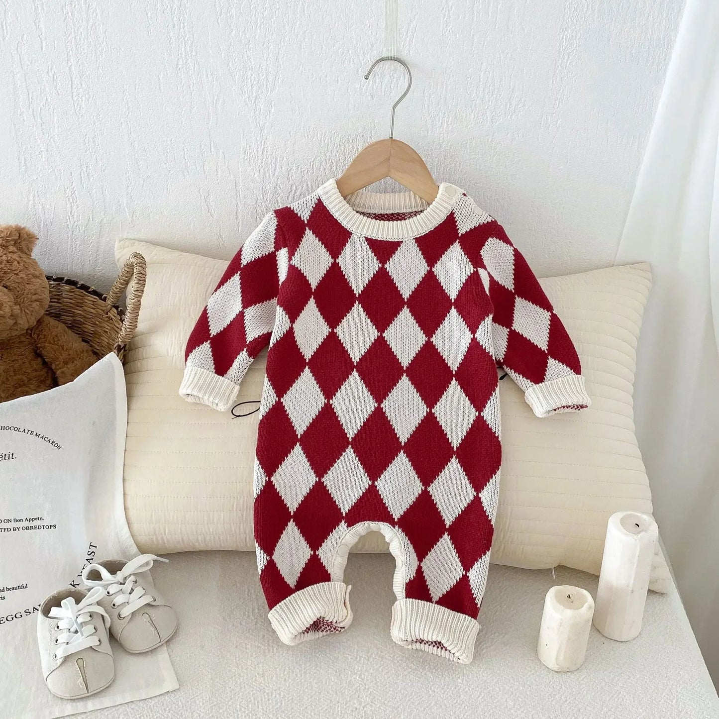 -ベビーロンパース ダイヤチェックピエロニット長袖ジャンプスーツ - mamahalo shop - 長袖ロンパース -  べビー服 - 子供服 - 男の子 - 女の子