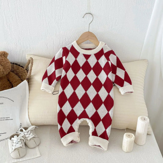 -ベビーロンパース ダイヤチェックピエロニット長袖ジャンプスーツ - mamahalo shop - 長袖ロンパース -  べビー服 - 子供服 - 男の子 - 女の子