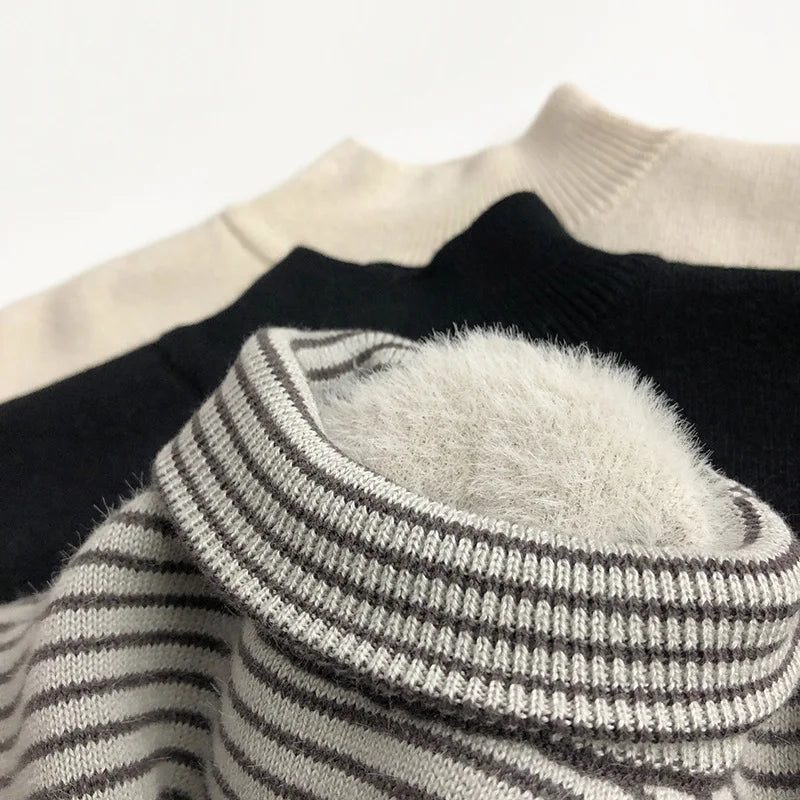 -キッズトップス 無地 ボーダー 裏フリースニットセーター ハイネック ボトルネックカットソー【mh0003577】 - mamahalo shop - ニット・セーター -  べビー服 - 子供服 - 男の子 - 女の子