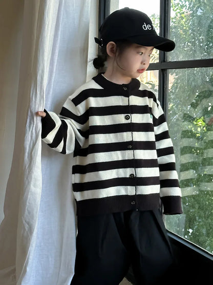 -キッズカーディガン ボーダー/無地チェリー刺繍ニットジャケット 2カラー - mamahalo shop - カーディガン・パーカー -  べビー服 - 子供服 - 男の子 - 女の子