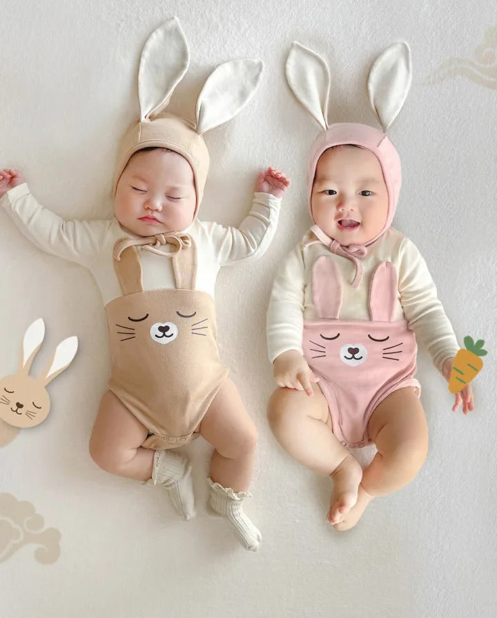 -ベビー うさぎ うさ耳 バニー ドッキング 半袖 ロンパース 耳帽子 セット ピンク アプリコット ユニセックス【mh0001994】 - mamahalo shop - 半袖ロンパース -  べビー服 - 子供服 - 男の子 - 女の子