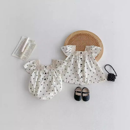 -ベビーロンパース/キッズワンピース 半袖 レース 水玉ドットプリント リンクコーデ 姉妹 お揃いコーデ【mh0005258】 - mamahalo shop - 半袖ロンパース -  べビー服 - 子供服 - 男の子 - 女の子