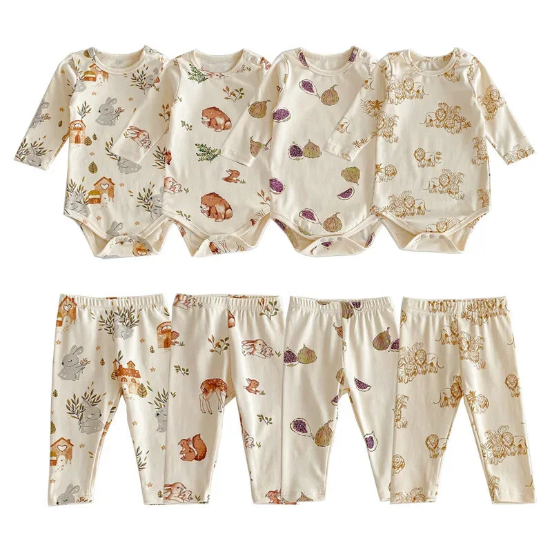 -ベビーロンパース/パンツ/ボンネット フォレストアニマルプリント長袖ボディスーツ/ロングパンツ/帽子 4デザイン【mh0006931】 - mamahalo shop - ロンパースセットアップ -  べビー服 - 子供服 - 男の子 - 女の子