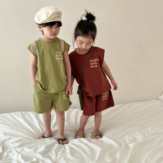 -キッズセットアップ 2点セット ノースリーブタンクトップ+ショートパンツ レターロゴプリント 2カラー【mh0004907】 - mamahalo shop - ノースリーブセットアップ -  べビー服 - 子供服 - 男の子 - 女の子