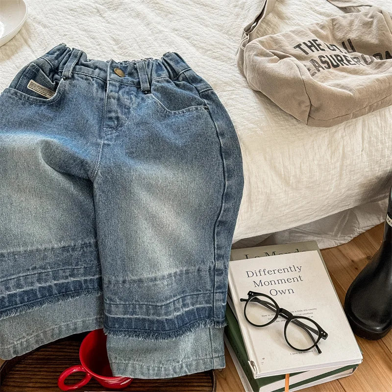 -キッズパンツ デニムパンツ 裾パッチワーク ロングルーズ デザインパンツ ジーンズ ジーパン 2カラー【mh0006578】 - mamahalo shop - デニムパンツ -  べビー服 - 子供服 - 男の子 - 女の子