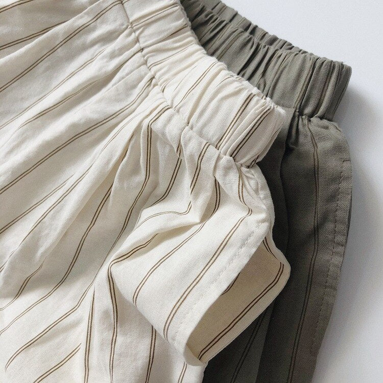 -キッズ コットンリネン ストライプ 半袖 シャツ ショートパンツ ベージュ アーミーグリーン ボーイズ【mh0002095】 - mamahalo shop - ハーフパンツ・ショートパンツ -  べビー服 - 子供服 - 男の子 - 女の子