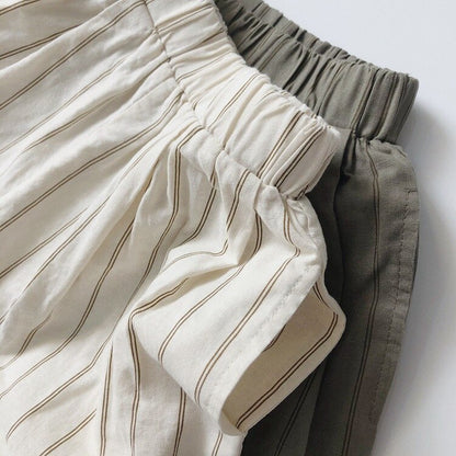 -キッズ コットンリネン ストライプ 半袖 シャツ ショートパンツ ベージュ アーミーグリーン ボーイズ【mh0002095】 - mamahalo shop - ハーフパンツ・ショートパンツ -  べビー服 - 子供服 - 男の子 - 女の子