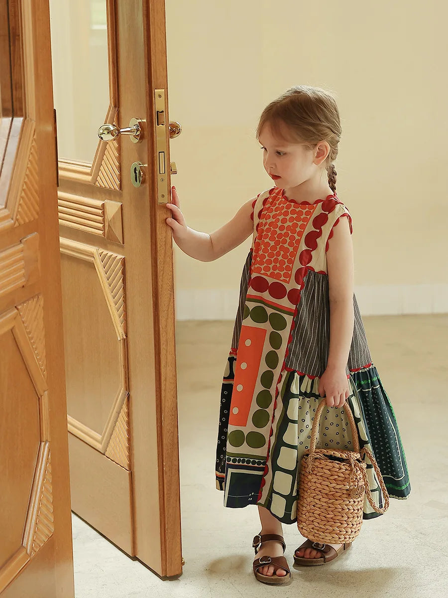 -キッズワンピース ノースリーブパッチワーク幾何学サマードレス 北欧風【mh0006025】 - mamahalo shop - ノースリーブワンピース -  べビー服 - 子供服 - 男の子 - 女の子