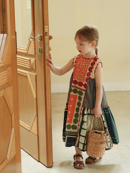 -キッズワンピース ノースリーブパッチワーク幾何学サマードレス 北欧風【mh0006025】 - mamahalo shop - ノースリーブワンピース -  べビー服 - 子供服 - 男の子 - 女の子