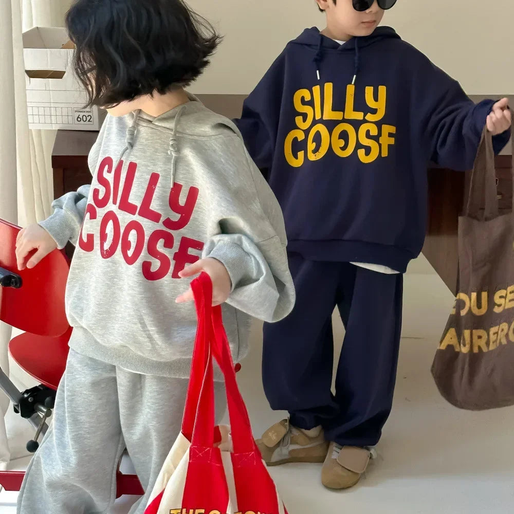 -キッズセットアップ 2点セット レターロゴプリントスウェットフーディパーカー+スウェットパンツ 2カラー - mamahalo shop - 長袖セットアップ -  べビー服 - 子供服 - 男の子 - 女の子
