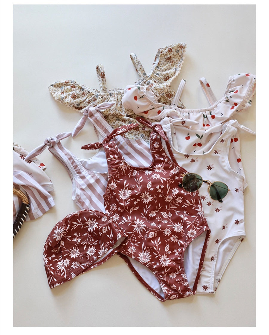 -キッズ 水着 フラワー 花柄 ノースリーブ ワンピース ビキニ セパレート 帽子 セット スイムウェア 14スタイル ガールズ【mh0002216】 - mamahalo shop - ベビー用水着 -  べビー服 - 子供服 - 男の子 - 女の子