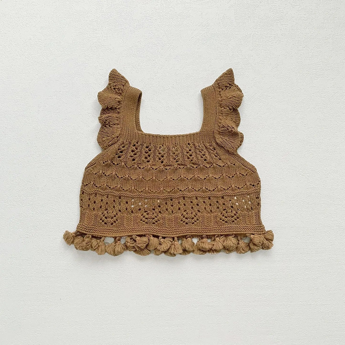 -ベビーキッズベスト レースニットフリルショルダー重ね着フリンジベストトップス 2カラー - mamahalo shop - ベスト -  べビー服 - 子供服 - 男の子 - 女の子