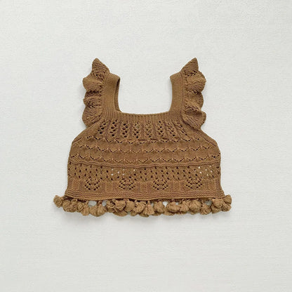 -ベビーキッズベスト レースニットフリルショルダー重ね着フリンジベストトップス 2カラー - mamahalo shop - ベスト -  べビー服 - 子供服 - 男の子 - 女の子