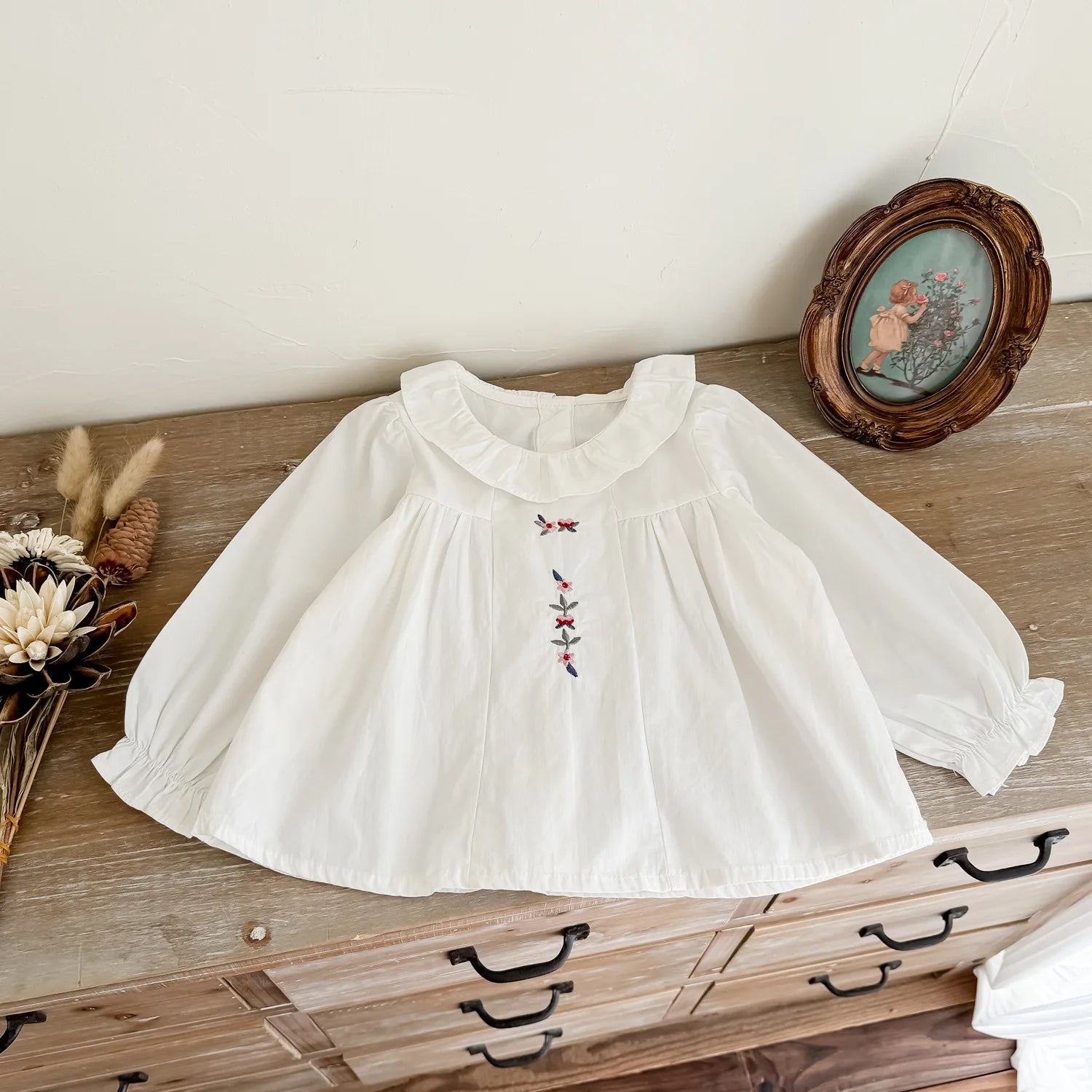 -キッズトップス サークルフリル襟刺繍ワンポイント長袖チュニックブラウス 2カラー【mh0006742】 - mamahalo shop - 長袖シャツ・ブラウス -  べビー服 - 子供服 - 男の子 - 女の子