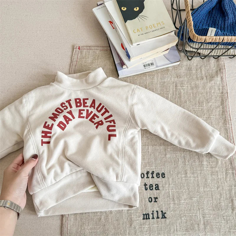 -キッズスウェットシャツ レターロゴプリント ハイネックトップス 裏フリースTシャツ 3カラー ユニセックス 男の子 女の子 子供服 - mamahalo shop - トレーナー・フーディ -  べビー服 - 子供服 - 男の子 - 女の子