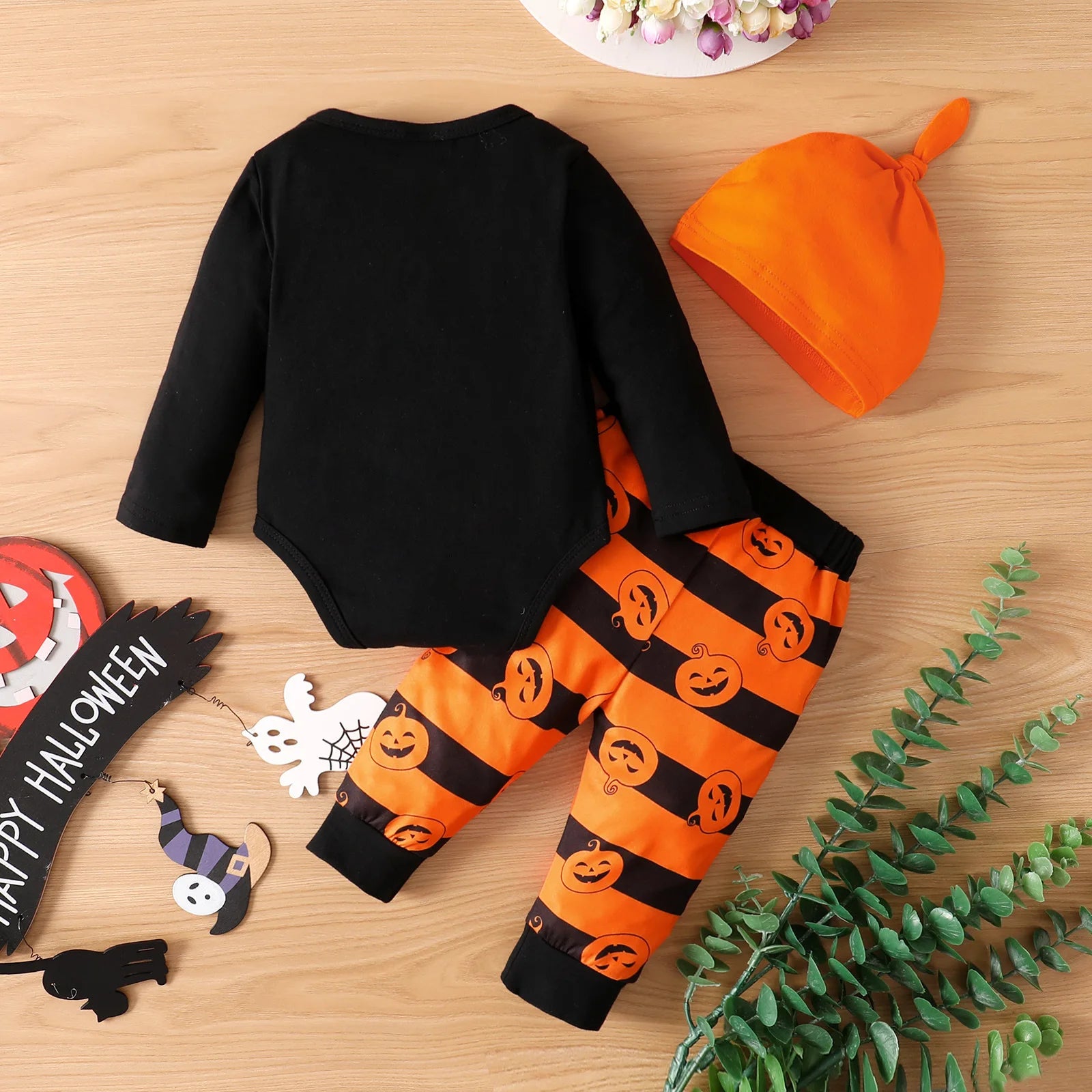 -ベビーハロウィンコスチューム セットアップ 3点セット 長袖ロンパース+ロングパンツ+帽子 パンプキン Halloween 👻【mh0006359】 - mamahalo shop - ロンパースセットアップ -  べビー服 - 子供服 - 男の子 - 女の子