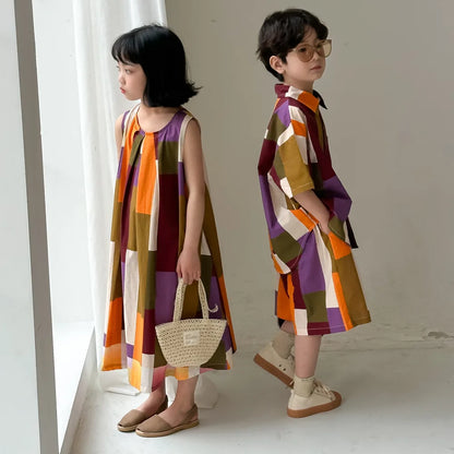 -キッズセットアップ 2点セット/ワンピース ボーイズ半袖シャツ+ショートパンツ/ガールズノースリーブワンピース 幾何学チェック リンクコーデ 兄弟姉妹 お揃いコーデ - mamahalo shop - 半袖セットアップ -  べビー服 - 子供服 - 男の子 - 女の子