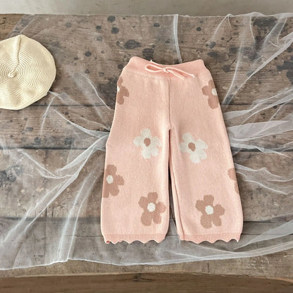 -ベビーセットアップ 2点セット レトロフラワーニット長袖カットソー+ロングニットパンツ ピンク【mh0007431】 - mamahalo shop - 長袖セットアップ -  べビー服 - 子供服 - 男の子 - 女の子